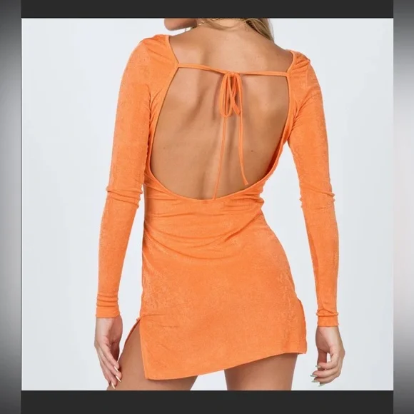 Lioness Montana Shimmer Orange Open Back Long Sleeve Mini Dress - Picture 3 of 9